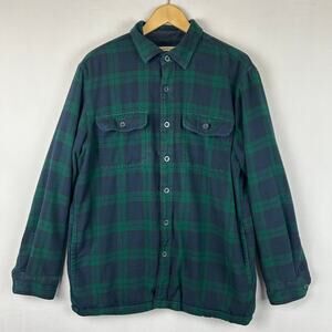 LL Bean Fleece Lined Flannel Shirt Jacket Shacket Green Plaid 298189 Mens Size M